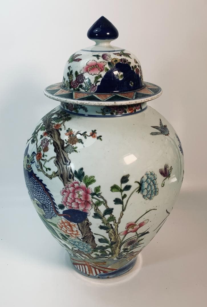 民国前期 景徳鎮 粉彩五彩 将軍罐 大型 有蓋壺／鳳凰・麒麟・花鳥図 約43cm