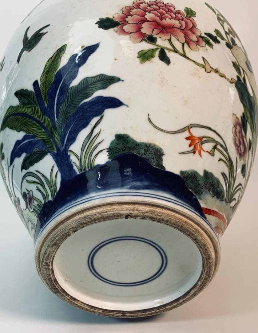 民国前期 景徳鎮 粉彩五彩 将軍罐 大型 有蓋壺／鳳凰・麒麟・花鳥図 約43cm