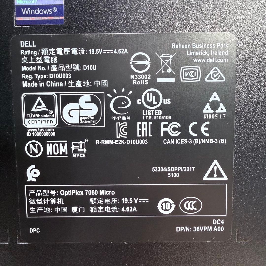 Windowsデスクトップ DELL OptiPlex 7060 Micro i5 16GB NVMeSSD