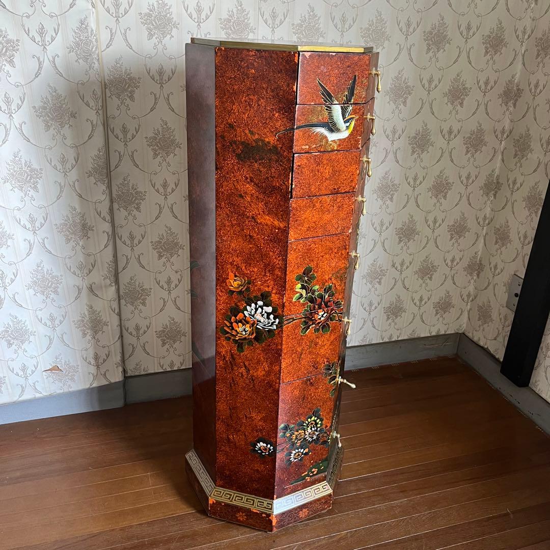 【アンティーク】中国家具 宝石棚 花鳥画 箪笥 チェスト 8杯 飾り棚 古家具
