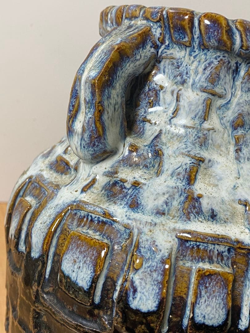 陶芸家　人間国宝　中里逢庵　中里太郎衛門　叩き朝鮮唐津耳付花生　花瓶　花入　レア