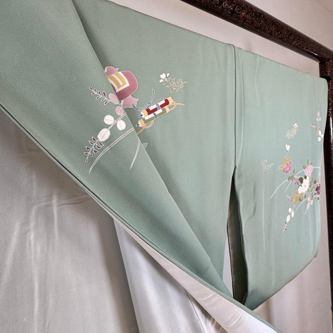 超美品　正絹　袷　訪問着　トールサイズ　春色　緑　裄長め　165裄69.5