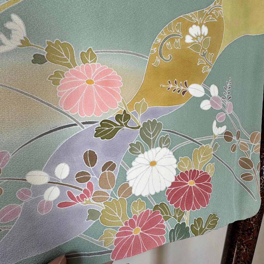 超美品　正絹　袷　訪問着　トールサイズ　春色　緑　裄長め　165裄69.5