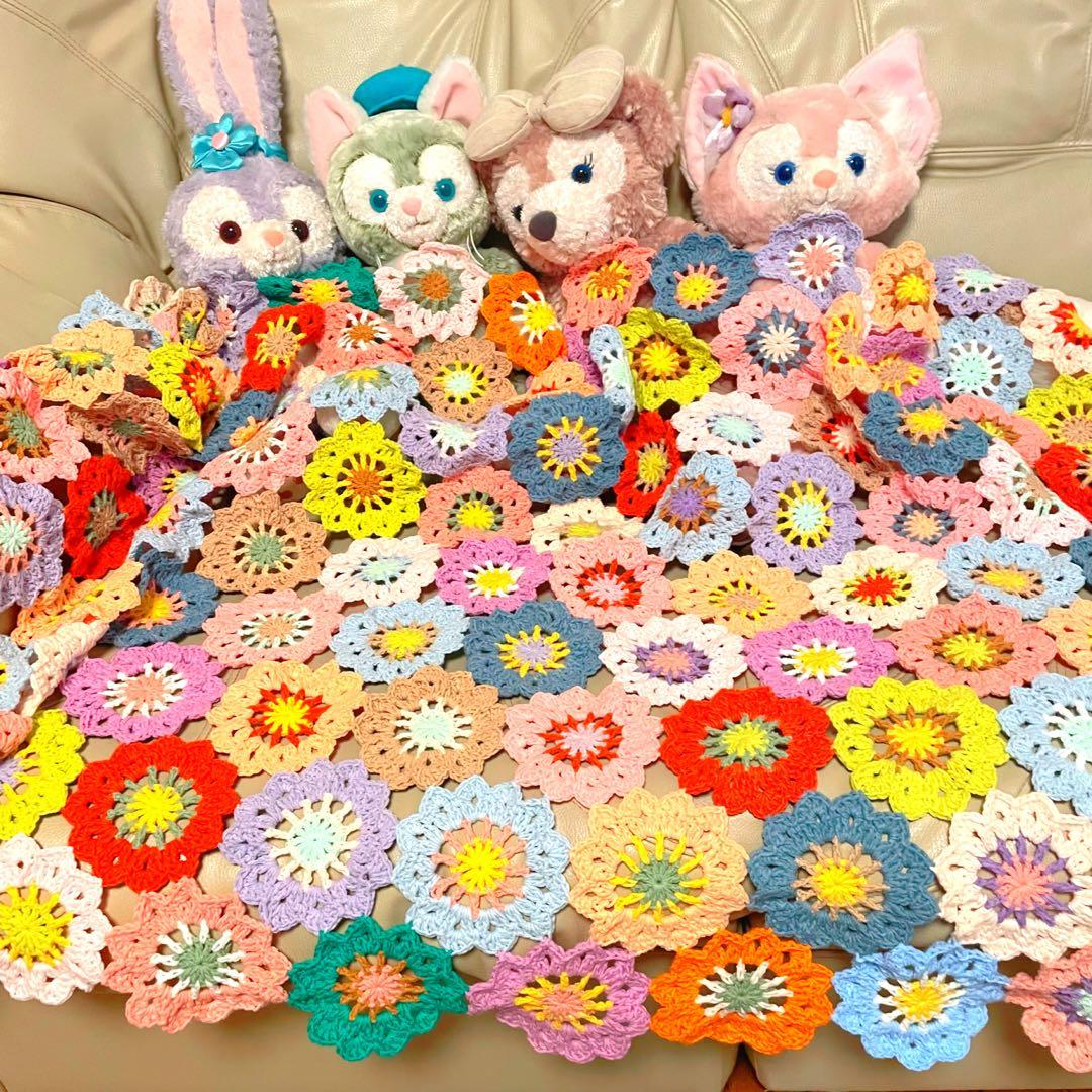 【大判75cm×140cm】春色お花のモチーフ編み♡マルチカバー♡ブランケット
