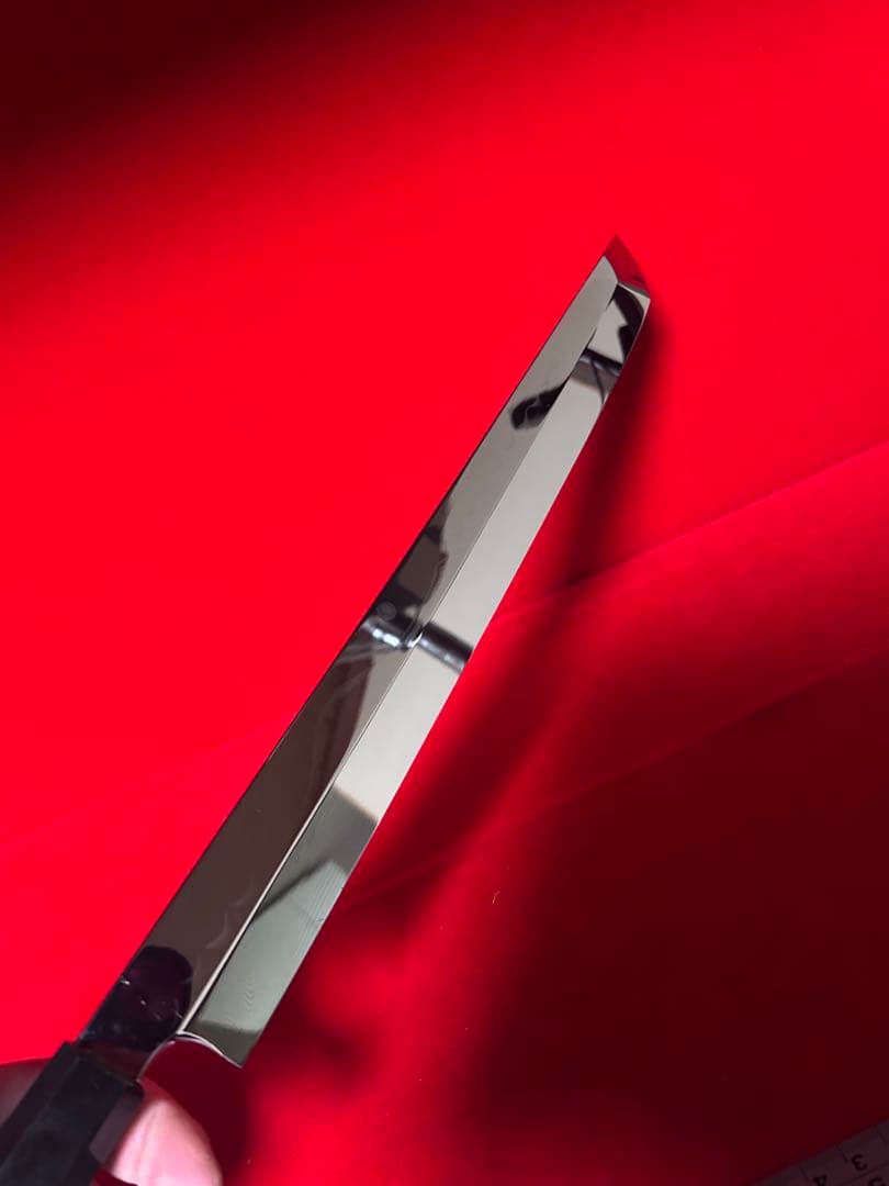 No.01420 包丁　先丸　水本焼　白鋼　富士山満月波紋　完全鏡面仕上げ　箱付