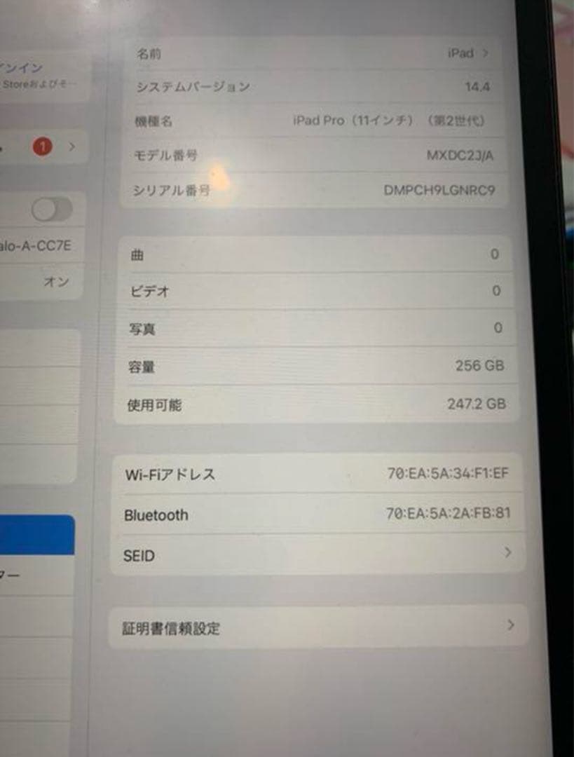 iPad pro 11インチ 第二世代　Wi-Fiモデル256G
