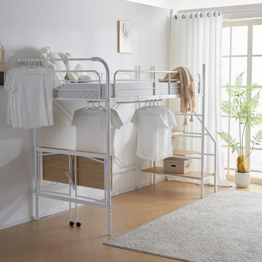 ロフトベッド（S） デスク付き　コンセント付x収納付き 耐荷重150　WHITE