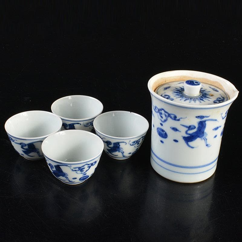 煎茶道具　京焼　平安春峰作　染付雲鶴文　煎茶器　宝瓶　煎茶碗四客　M　R6805