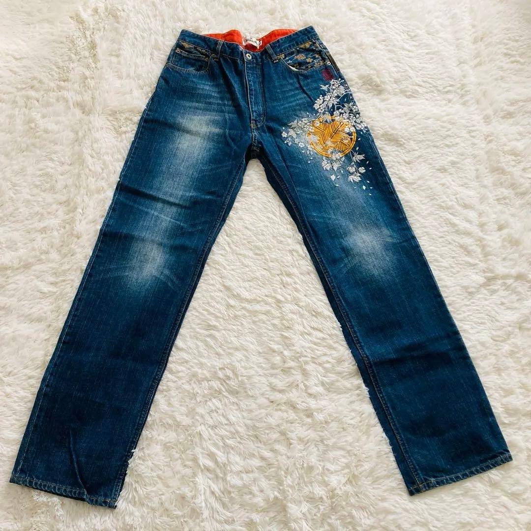 【超美品】絡繰魂 デニムパンツ 34 家紋 刺繍 和柄 鷲 鷹 ジーンズ