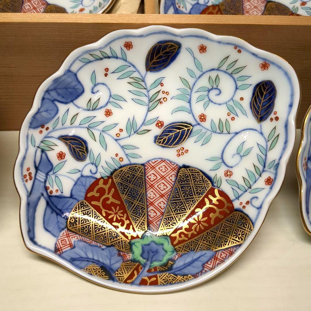 賞美堂　其泉窯　鮑型　金彩色絵菊花唐草紋　和皿揃　小皿揃　銘々皿５枚