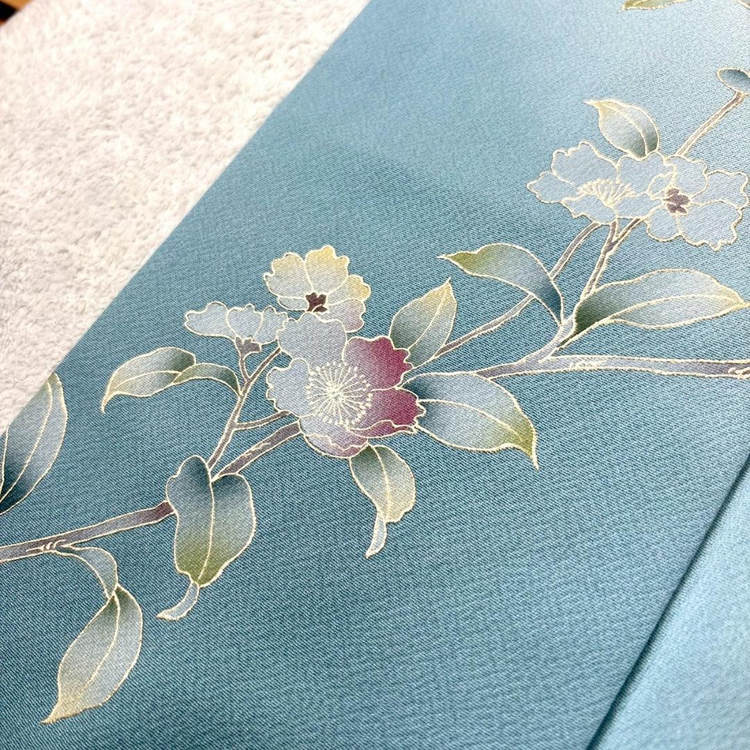 付け下げ 友禅 紋無し 浅縹色 水色 正絹 丈160 裄64 IS1081☆