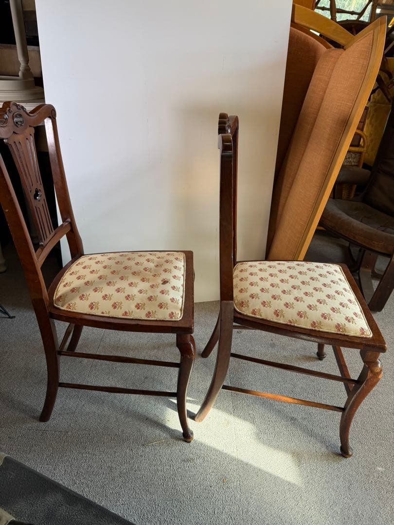 英国製 アンティーク ダイニングチェア 2脚 猫脚 透かし彫 クイーンアン様式