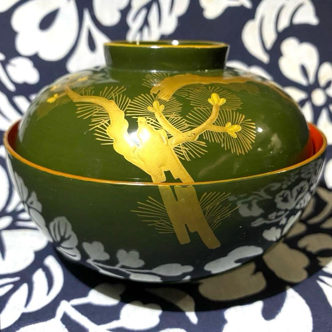 時代物骨董　大正以前　青漆吸物椀　天然木本漆　松柄金蒔絵　緑に内朱　懐石椀　五客