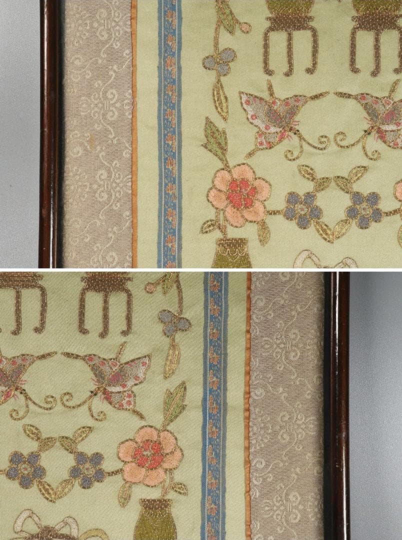 【珍】　★ 額装 博古花蝶図繍片 ★　民国時期　刺繍 博古紋 花蝶紋　民間織繍