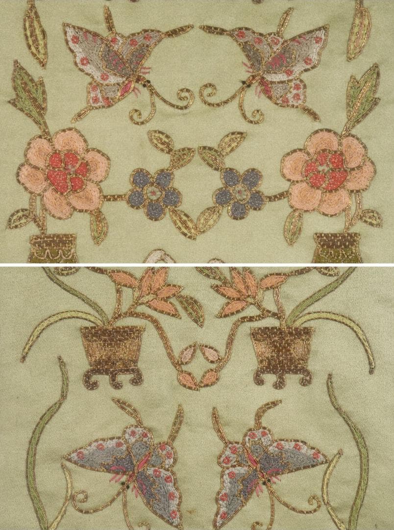 【珍】　★ 額装 博古花蝶図繍片 ★　民国時期　刺繍 博古紋 花蝶紋　民間織繍