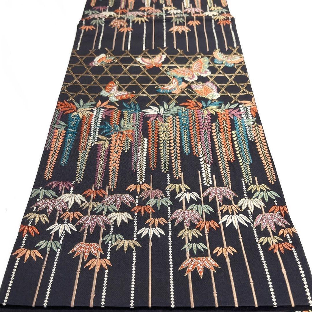 袋帯　能衣彩花段紋　藤の花　笹　蝶模様　籠目　金糸　着物　114b p ms