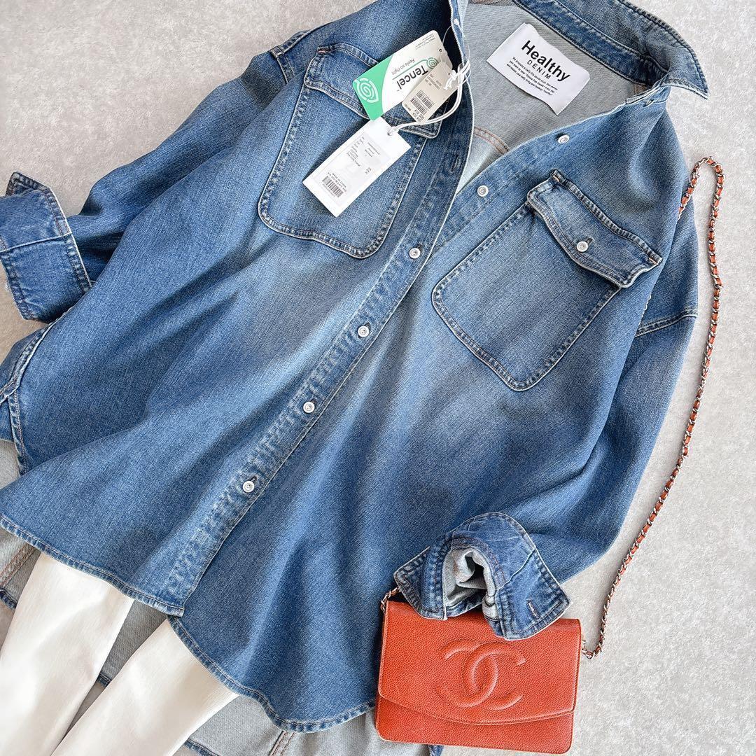 タグ付き ヘルシーデニム アーモンド デニムシャツ ゆったり ビッグシャツ