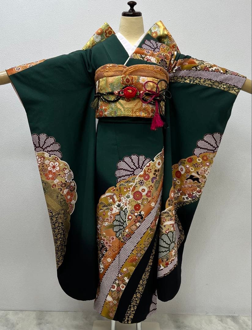 振り袖　フルセット　長襦袢付　金彩加工　振り柄有　成人式　美品　699
