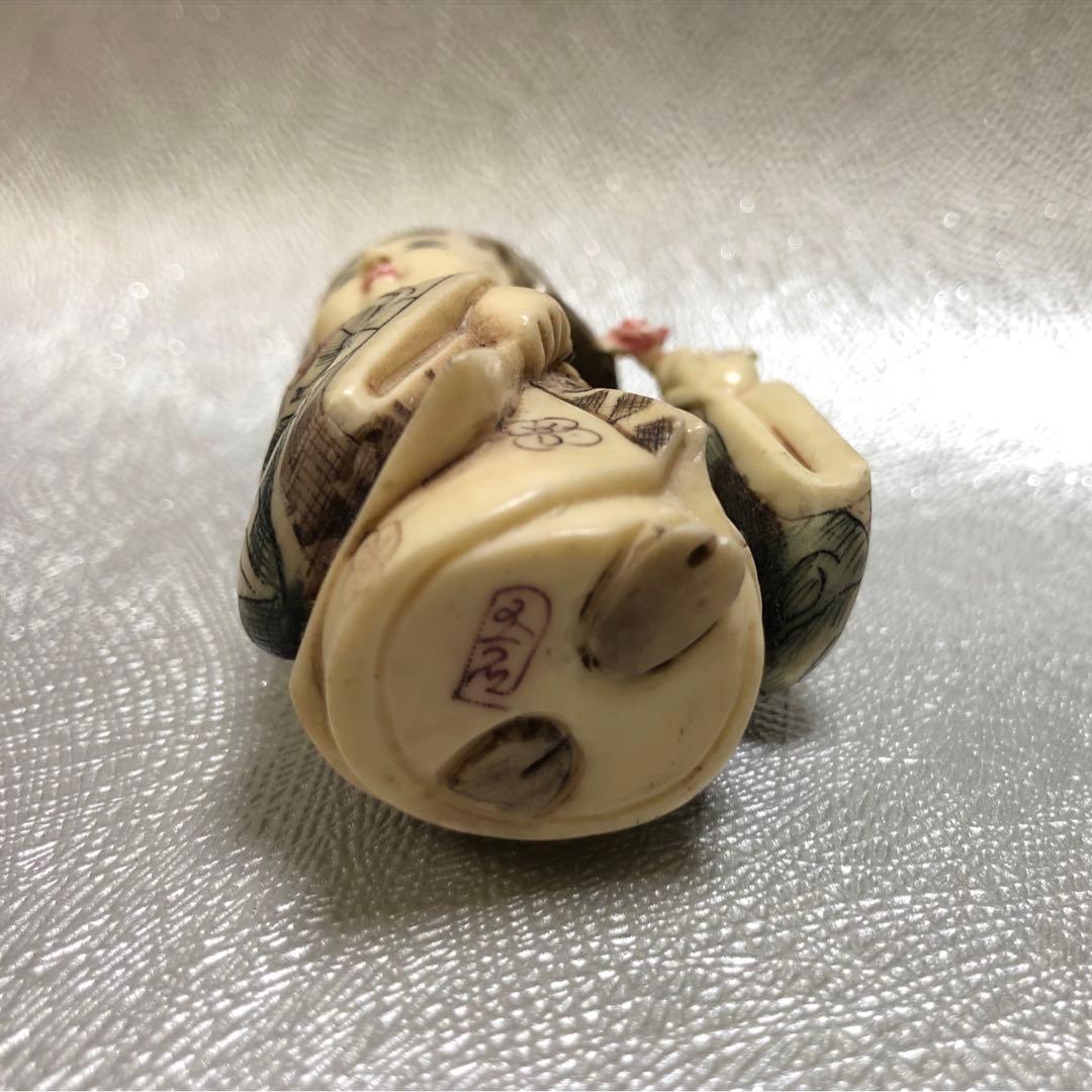 時代根付　刻印有　置物　おかっぱの女の子　縁起物　アンティーク　天然素材