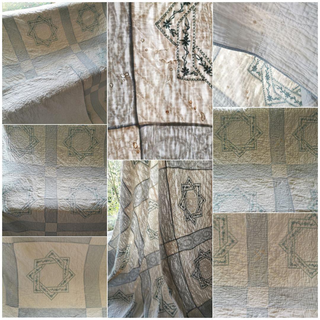 アンティーク 星 風車パッチワーク 小花青磁色刺繍 ふんわりダブルフェイスキルト