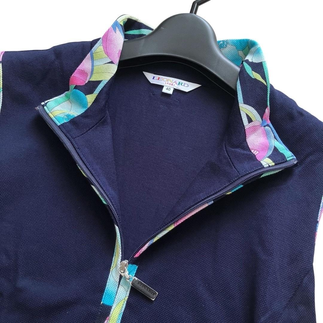 美品 レオナール ジップアップ ノースリーブワンピース トリム ネイビー 40