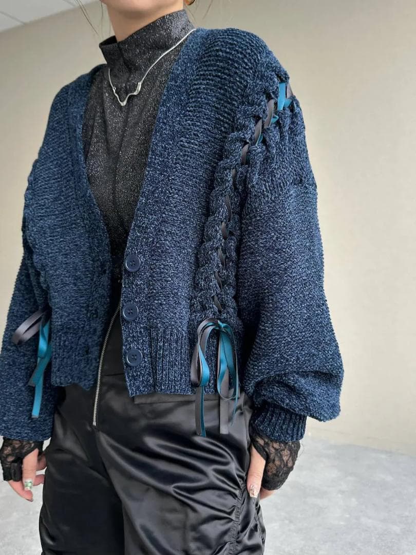 即完売品 新作 新品 HARE モールレースアップカーディガン ブルー