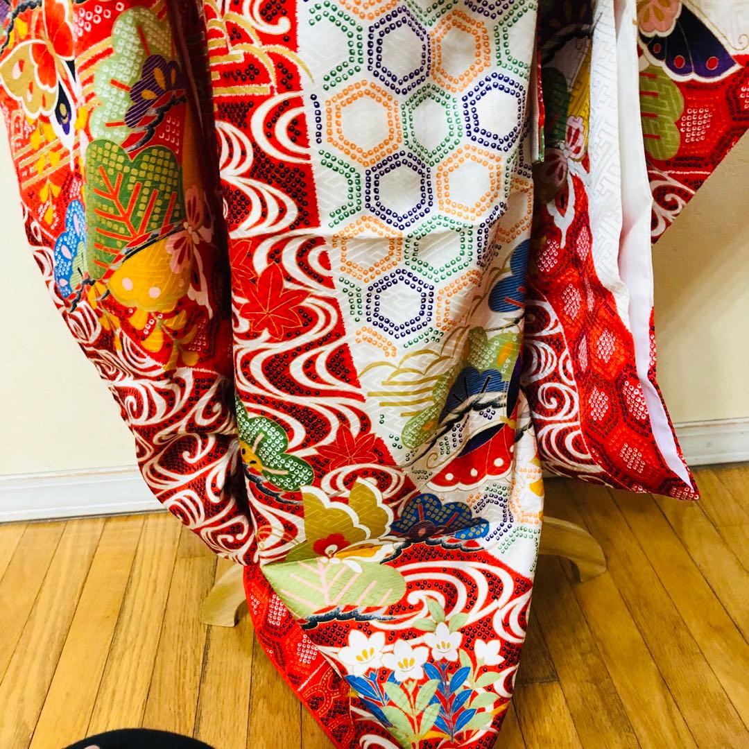 七五三七歳❣️豪華絞り柄アシメトリ花金彩⭐︎正絹全通袋帯刺繍煌びやか⭐︎完全フルセット