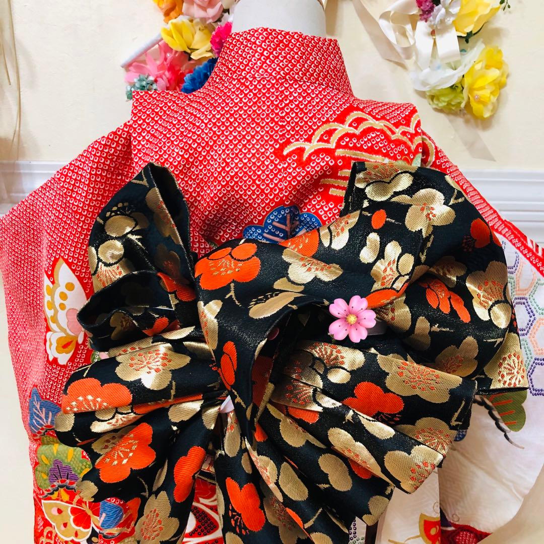 七五三七歳❣️豪華絞り柄アシメトリ花金彩⭐︎正絹全通袋帯刺繍煌びやか⭐︎完全フルセット