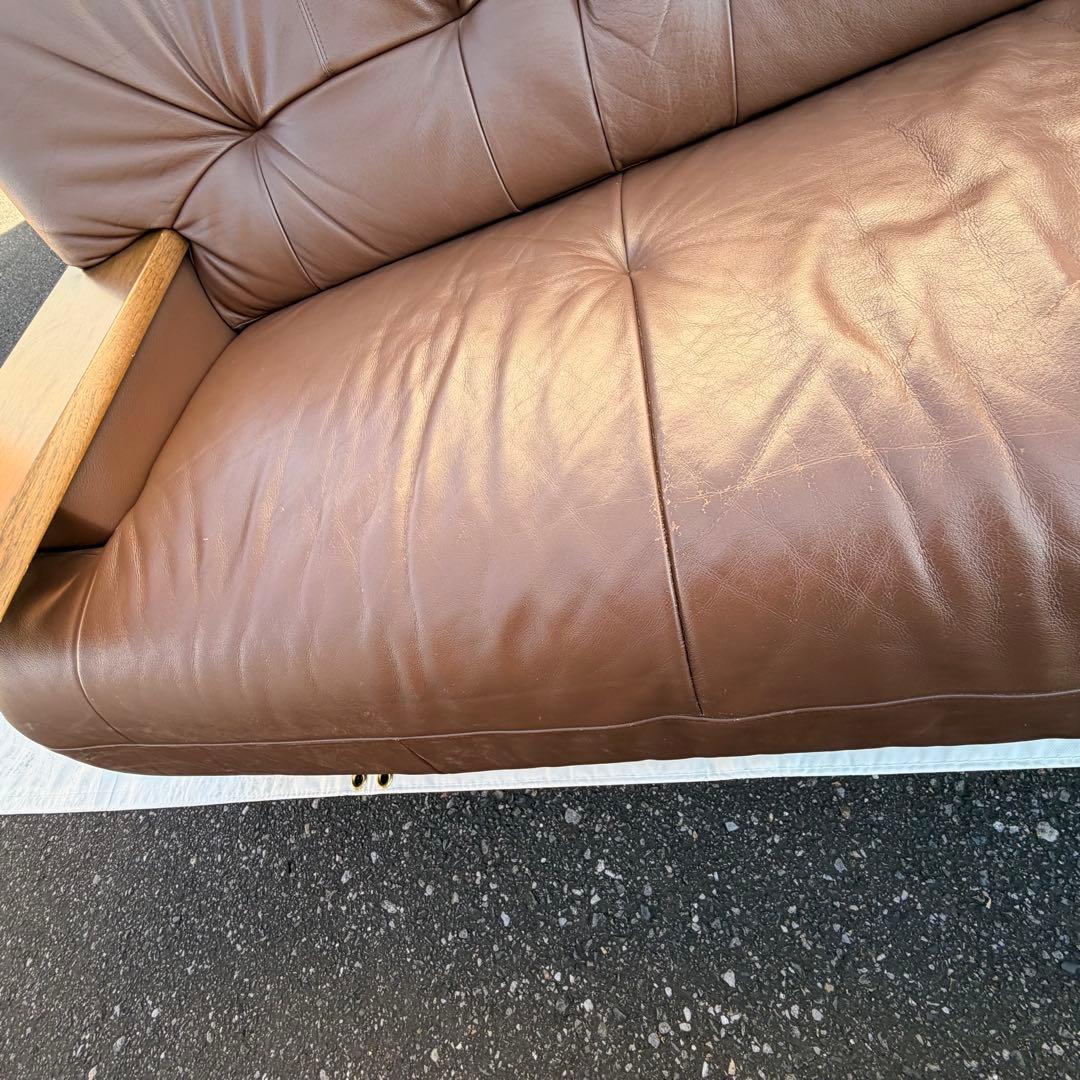 カリモク オールド　レザー 3Pソファ 本革 ブラウン系　 レトロ