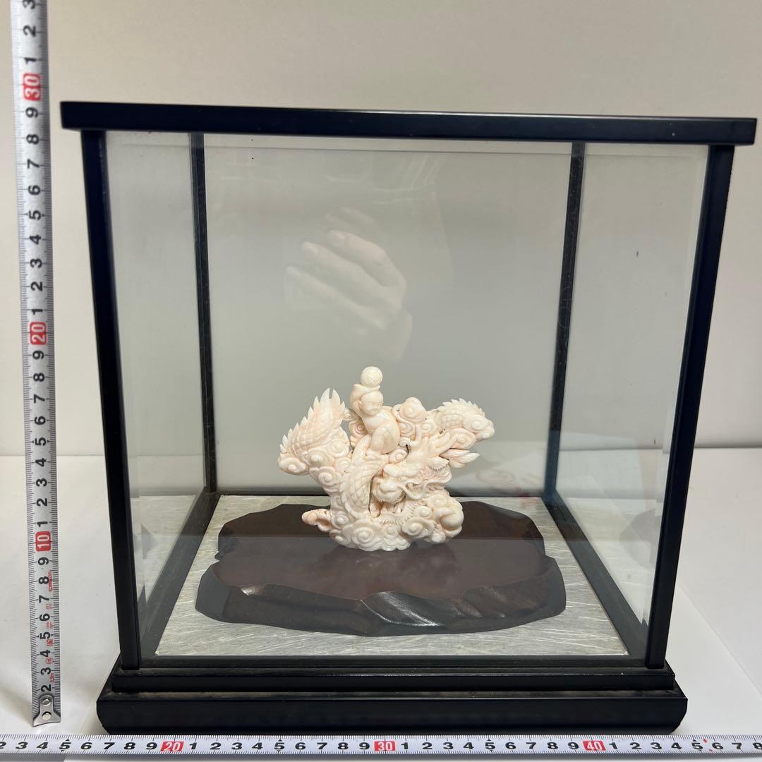 本桃色珊瑚　龍童子置物　ケース付　東Y7-1211☆2Fトヒト