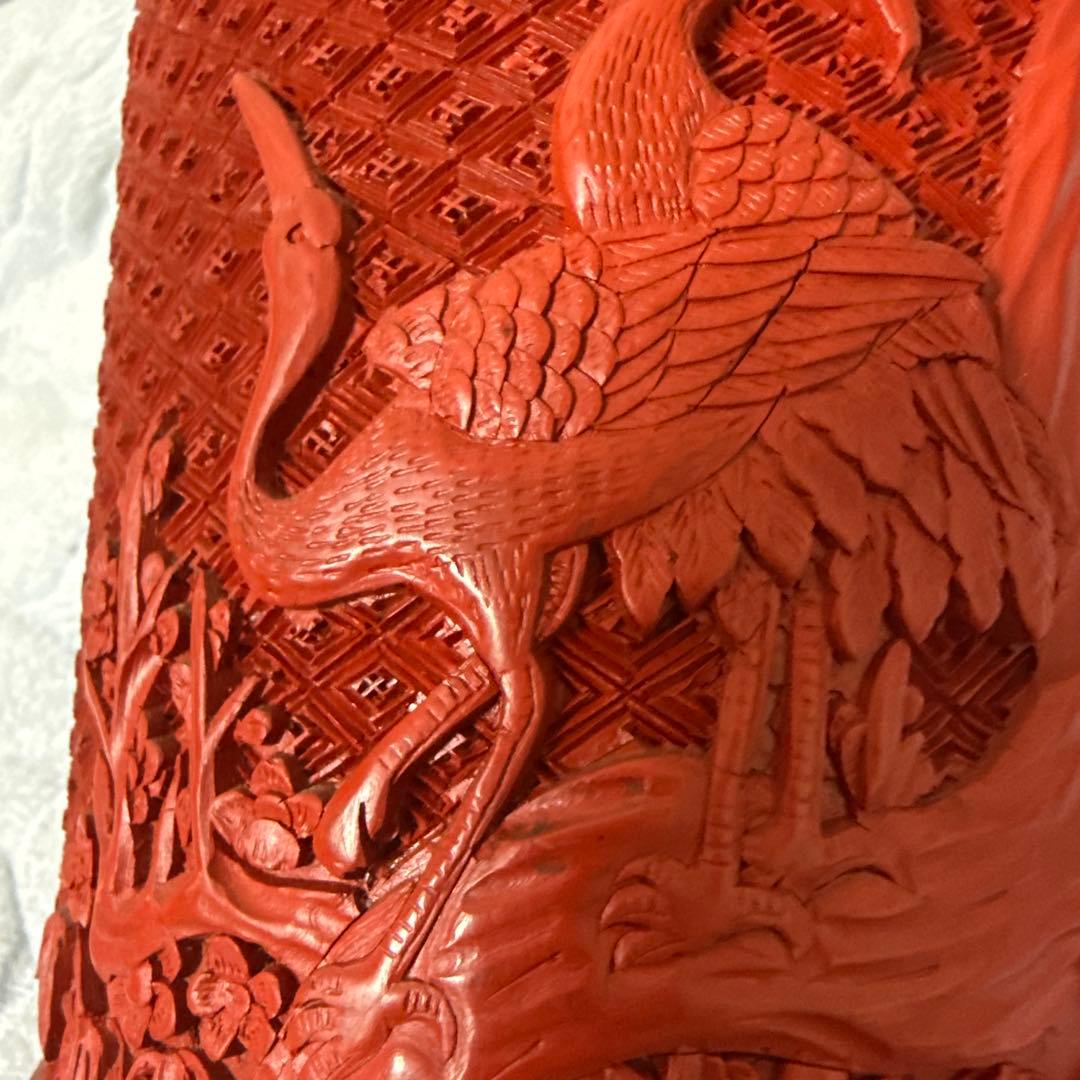 中国美術堆朱彫刻鶴図木製筆立本物保証古唐物／彫漆／堆朱／花紋／煎茶道具／書道具
