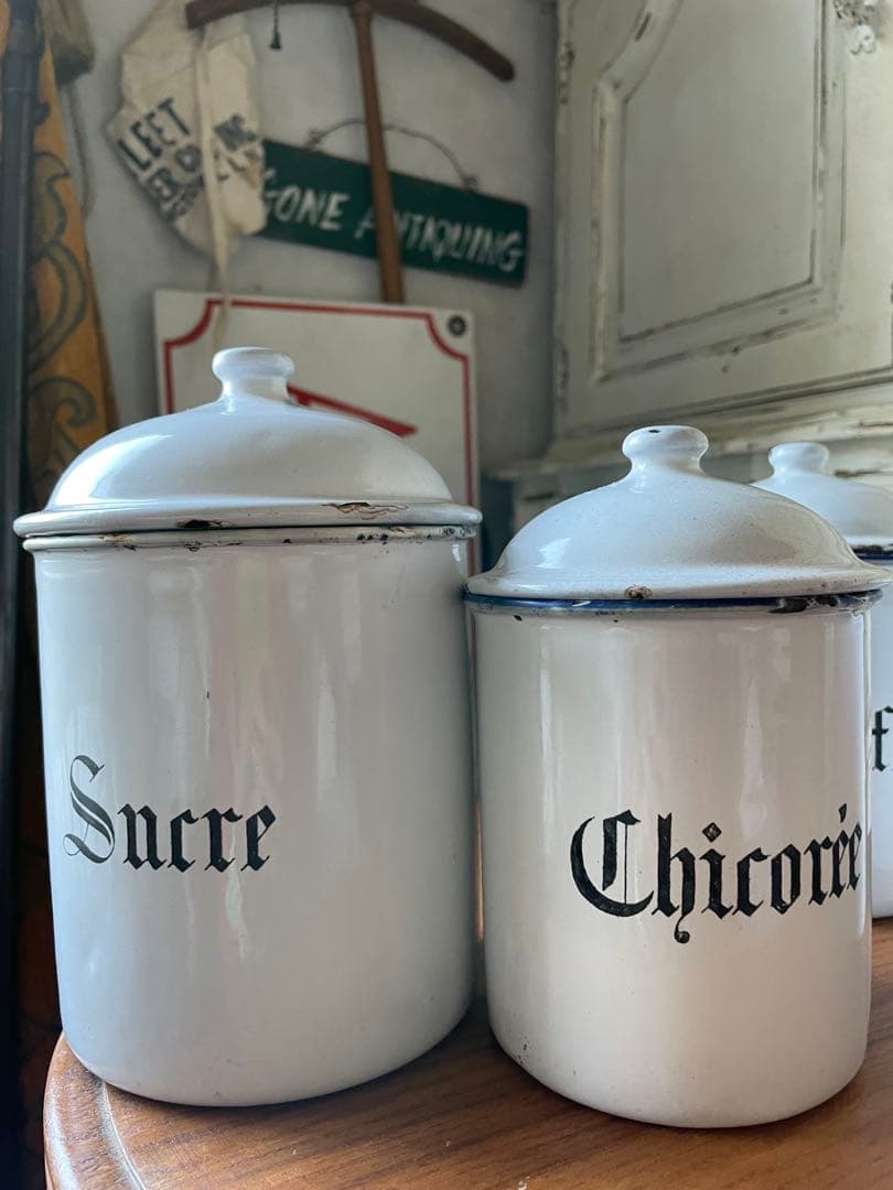 リー様専門　アンティーク　ホーロー　キャニスター　4個　ホワイト　美しい文字　白