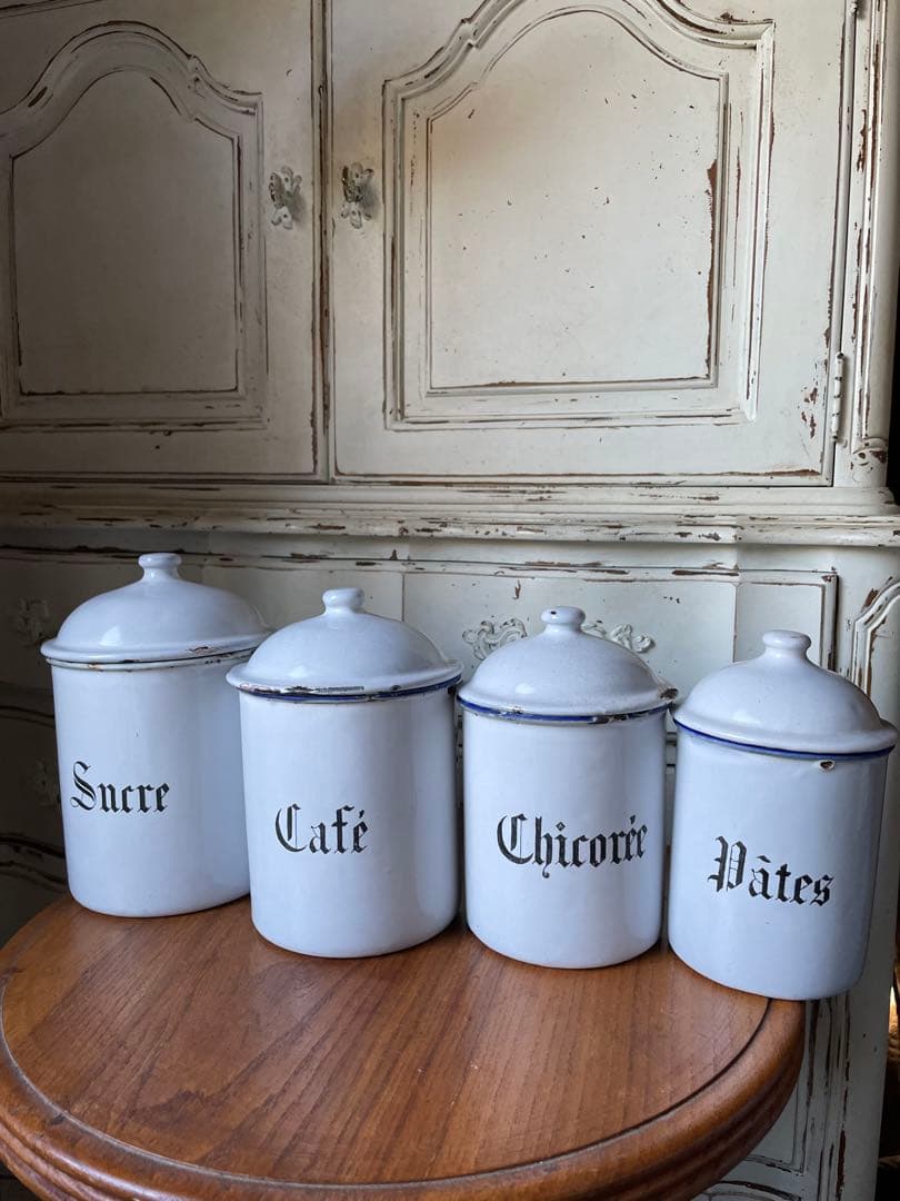 リー様専門　アンティーク　ホーロー　キャニスター　4個　ホワイト　美しい文字　白