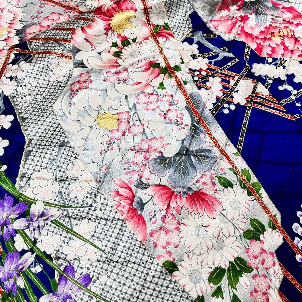 千總 振袖 正絹 青 友禅染 綸子 ちりめん 中古 花 №ymk0085