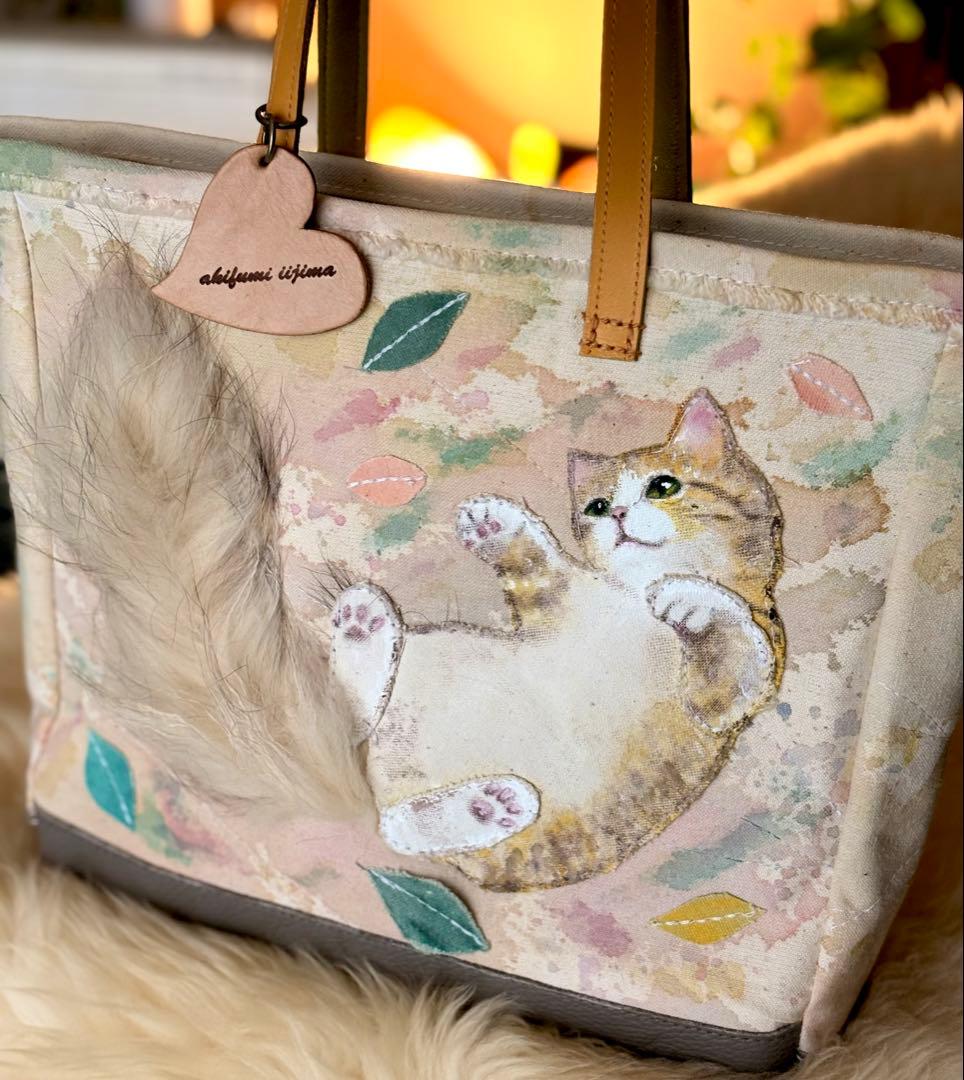 (手づくり)\"ふわふわ軽いネコ\"アップリケねこトートバッグ