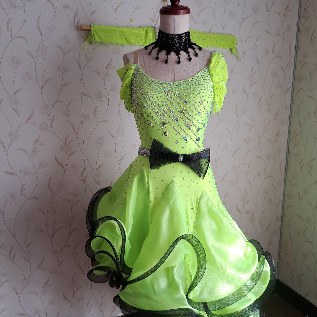 社交ダンス　ラテン蛍光イエローグリーンドレス　チョーカースワロフスキーベルト付き
