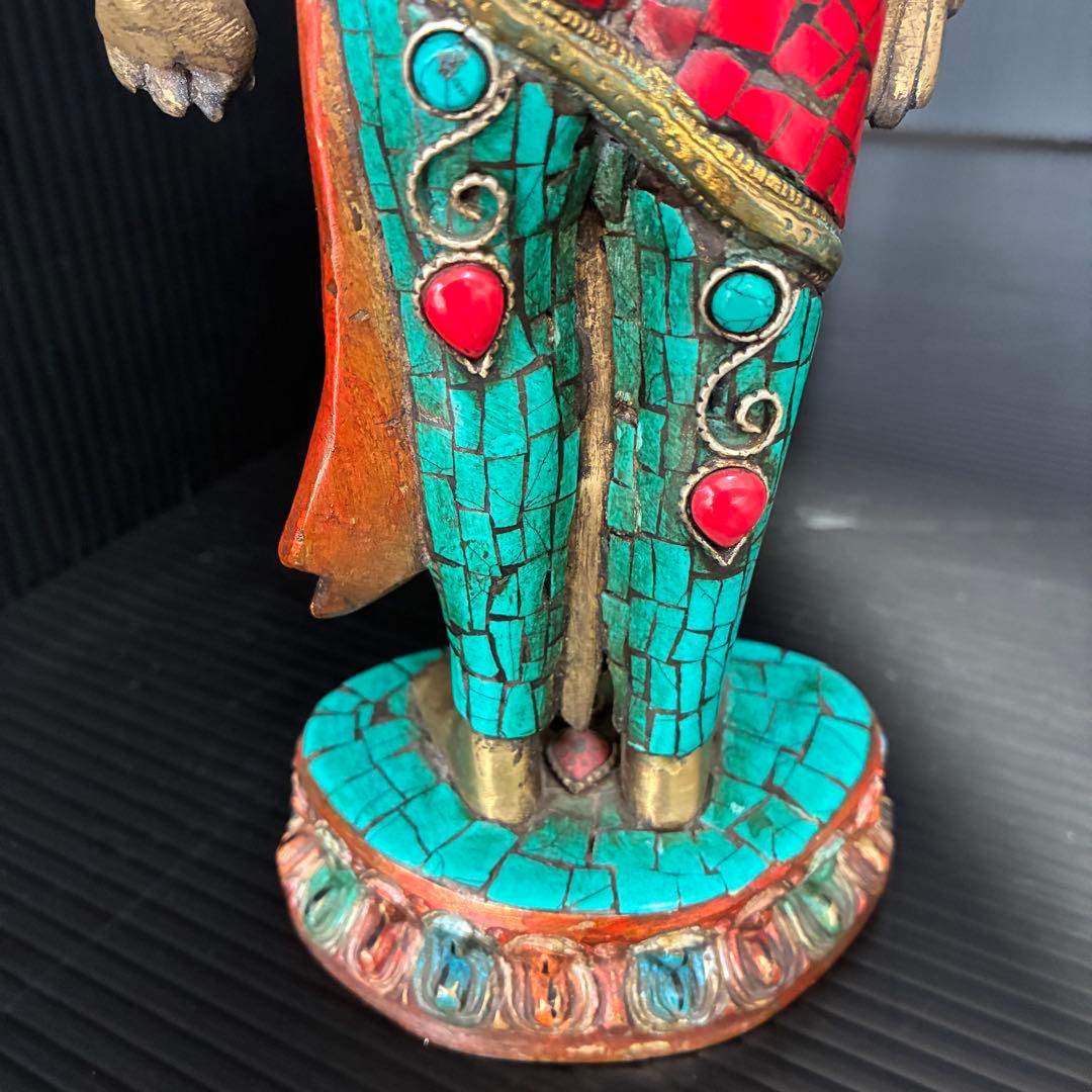 チベット 仏教 仏像 観音菩薩 ターコイズ象嵌 ブロンズ1.9kg 29cm