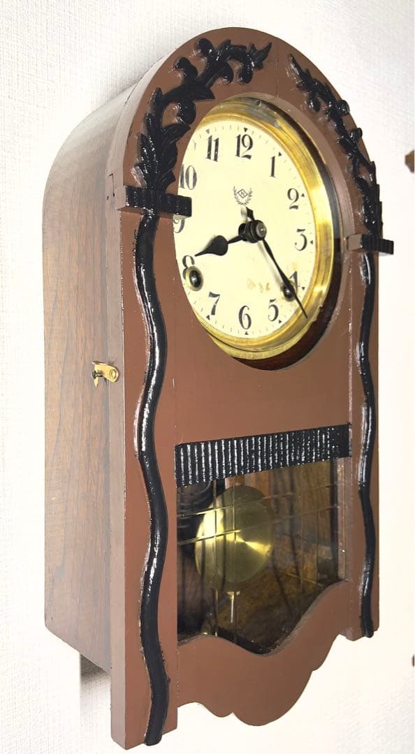 振り子時計Nマーク日本時計ゼンマイ掛け時計柱時計ボンボン時計古時計　稼働品