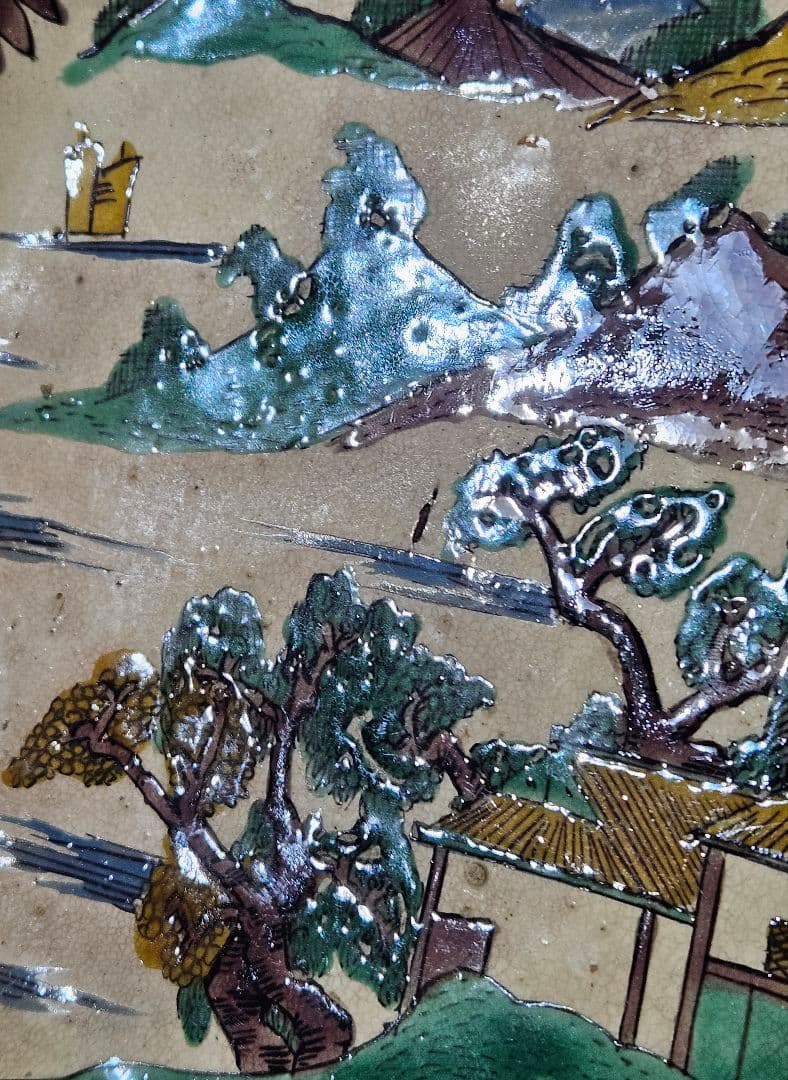 【名品❗】 江戸時代末期　古九谷　再興九谷　青手九谷　楼閣山水図　角福　四方深鉢