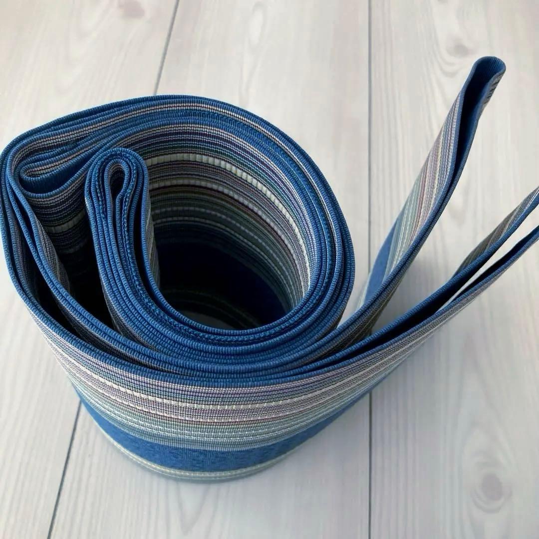 flower 博多織　半幅帯　ブルーグレー　縞模様の織り出No.77-22