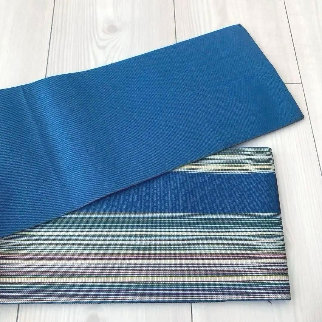 flower 博多織　半幅帯　ブルーグレー　縞模様の織り出No.77-22