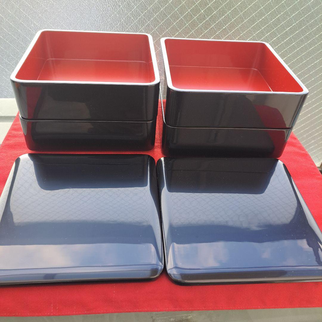 【輪島塗　6.5寸\"四段重箱】布着本堅地　黒内朱色　隅丸　未使用品