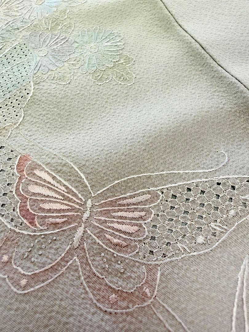 高級 訪問着 正絹 袷 汕頭刺繍 スワトウ 中国刺繍 グリーン 暈し染め