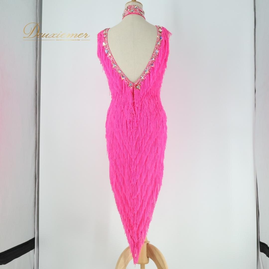 【社交ダンス衣装】ピンク ラテン ドレス ワンピース フリンジ 蛍光 デモ 競技