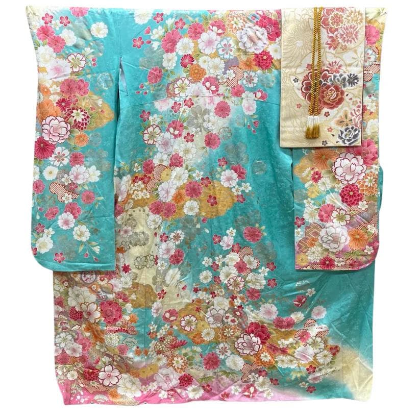 【美品】 振袖 単品 成人式 正絹 古典 振袖 水色 173 ●