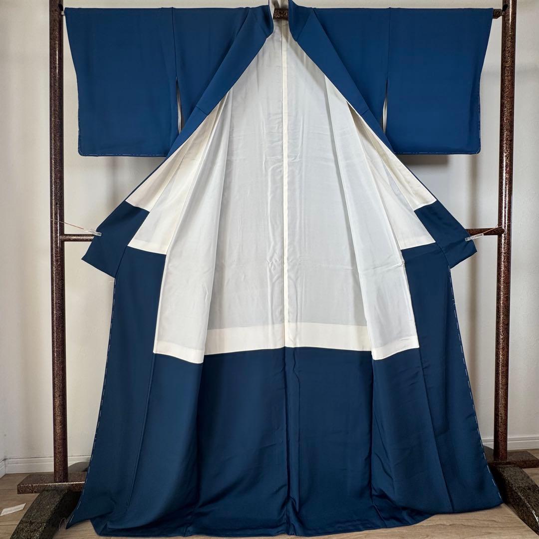 しつけ付　着物　正絹　袷　色無地　176　裄69 青　　ロイヤルブルー　トール