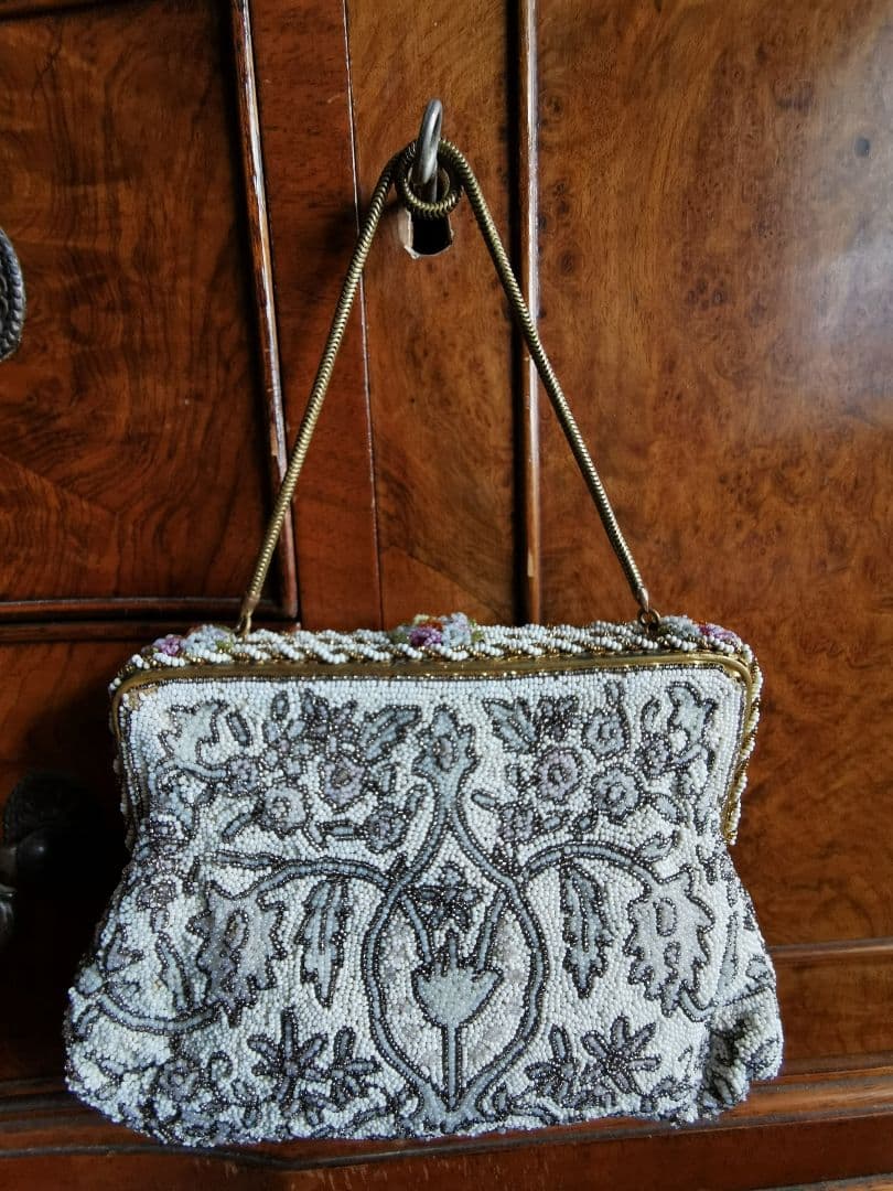 アンティーク マイクロビーズガラス 乳白透金ビーズ イブニング/パーティーバッグ