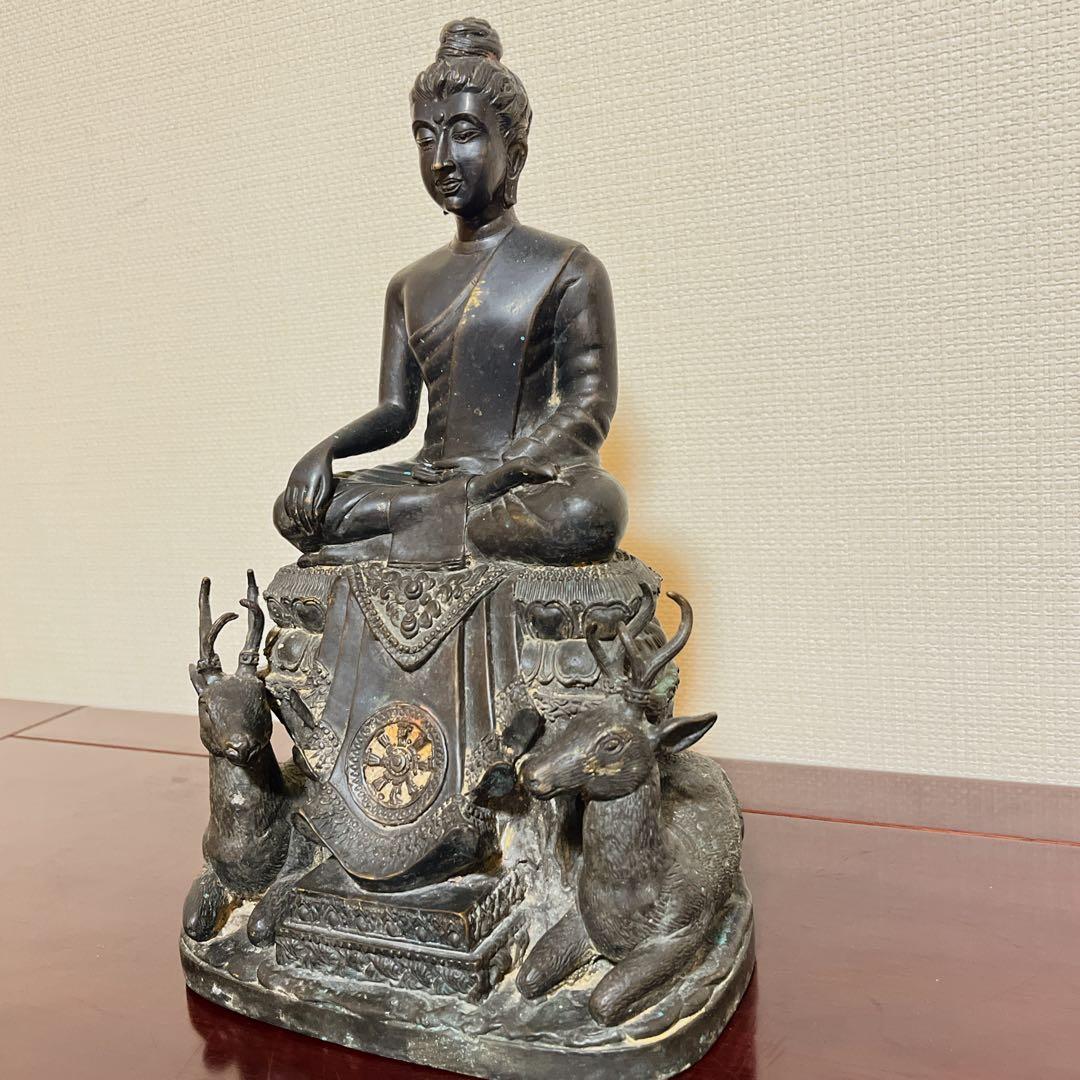 【希少】釈迦如来坐像 初転法輪 鹿野苑 仏像 青銅調 骨董 縁起物 オブジェ