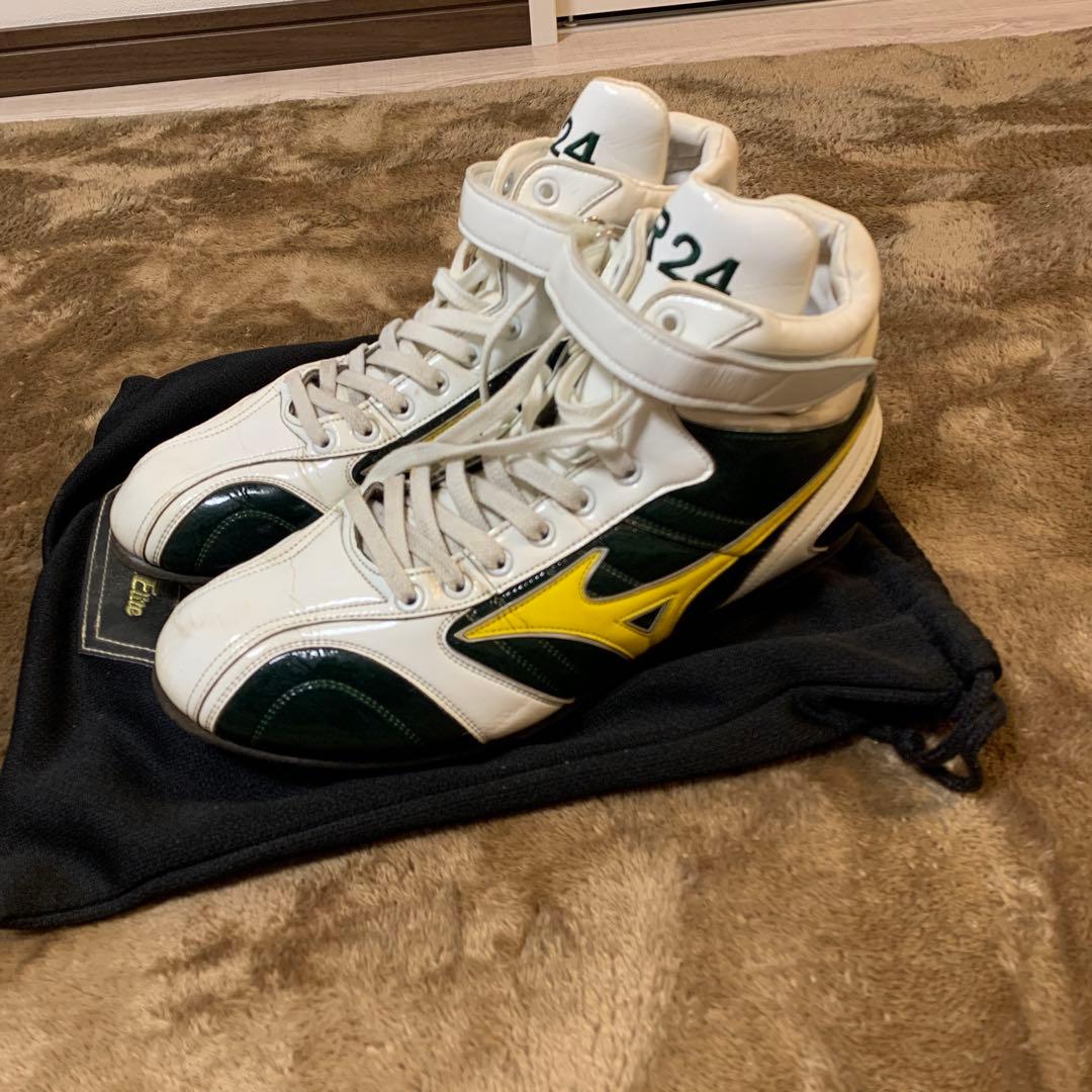 ミズノプロ　オーダースパイク ハイカット　ホワイト/グリーン/イエロー