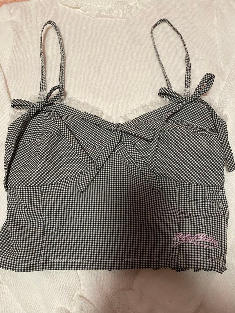 Katie♡ギンガムチェック クロップドキャミソール 黒 ブラック